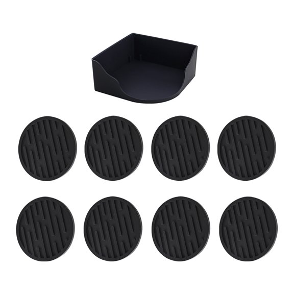 POPETPOP 8Pcs Black Silicone Coasters Set with Storage Box for Kitchen and Desk Drink Protection