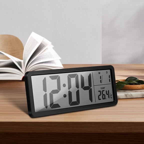 POPETPOP Modern Black Digital Wall Clock, Real-Time Date and Temperature, ABS Material