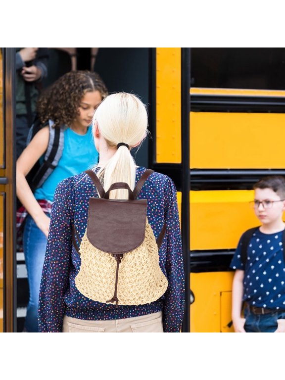 Beige Woven Backpack with Satchel Inner Pocket for School Travel and Everyday Use