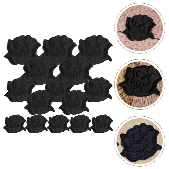 POPETPOP Black Polyester Twill Flower Patches for Clothes and Crafts Decor 15Pcs