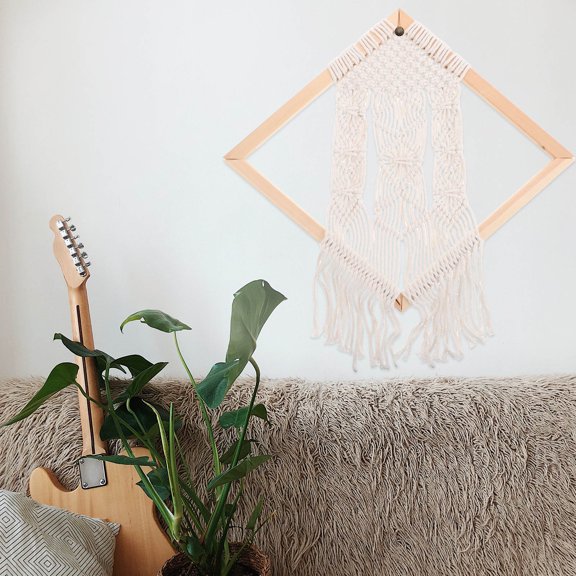 POPETPOP Boho Style Beige Cotton Wall Tapestry with Tassel Detail for Living Room Decoration