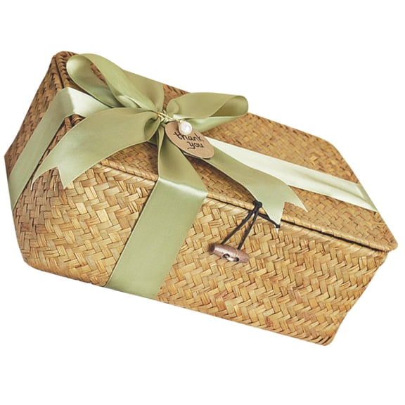 POPETPOP Decorative Olive Green Woven Storage Basket Handmade Straw Material for Living Room Use