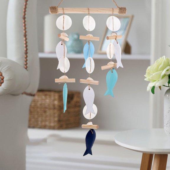 POPETPOP Mediterranean Style Wood Fish and Seashell Hanging Wind Chime for Home Decor Multi Color 16.5 inches