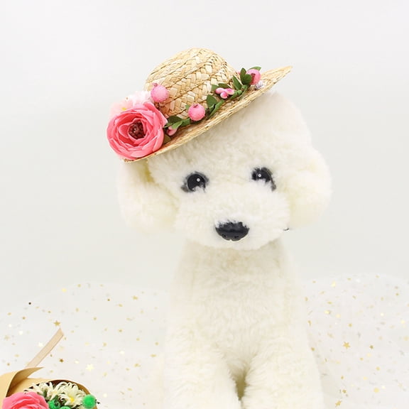 POPETPOP Pet Headdress Straw Woven Hat for Dogs Pink Photo Prop for 1Pack