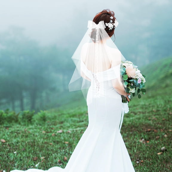 POPETPOP Short Veils for Brides Bridal Veil White Fabric Enhances Hairstyles 1 PCS
