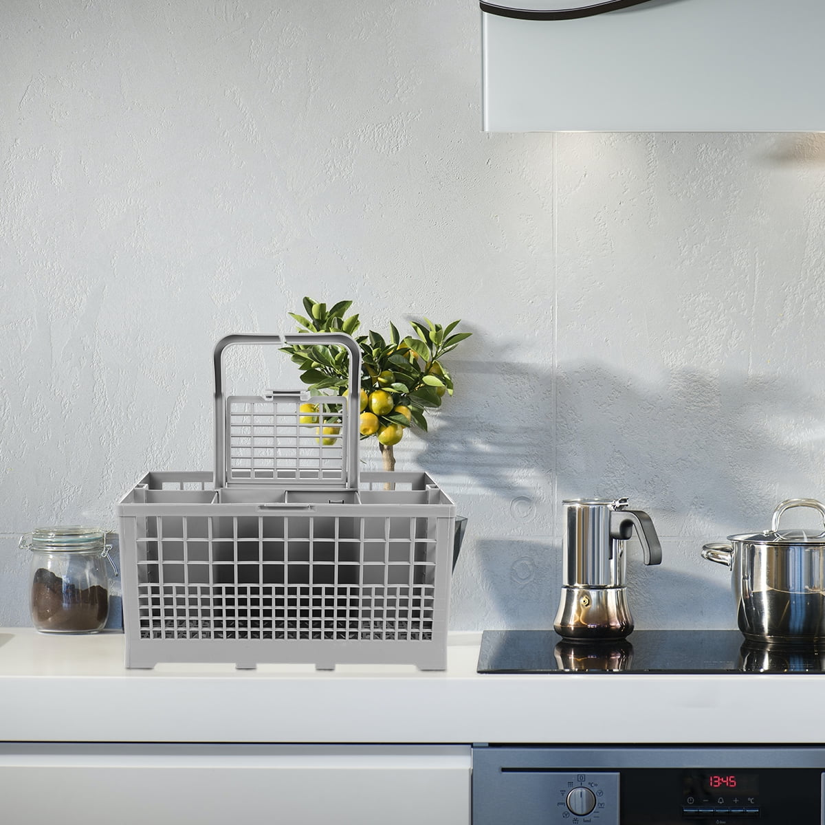 POPETPOP Dishwasher Cutlery Basket with Multiple Compartments in Grey for Silverware Storage
