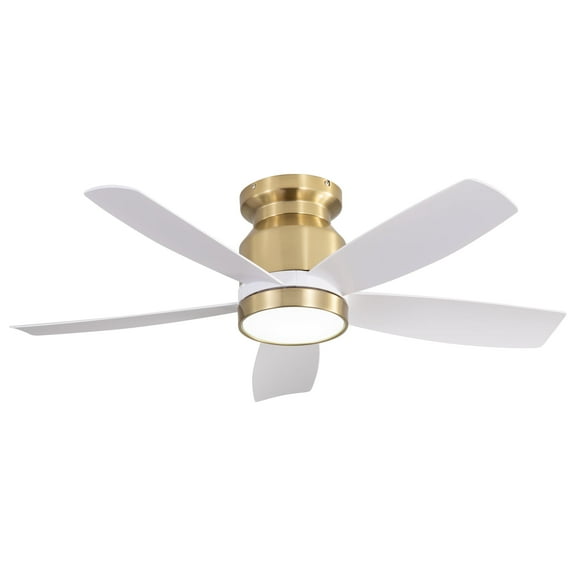 POPFAN 42 Inch Flush Mount Ceiling Fans with 5 ABS Blade, LED Light 18W and Remote Control 6 Speeds Reversible DC Motor for Bedroom, Living Room, Dinning Room, Gold&White