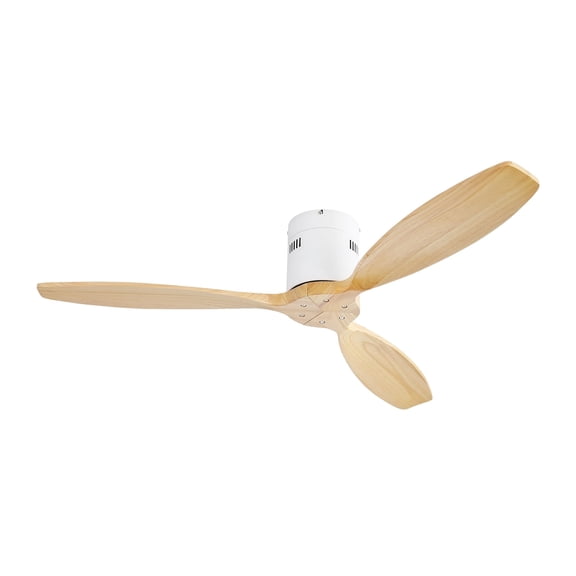 POPFAN 52 Inch Low Profile Ceiling Fan without Light, 3 Solid Wood Blades, 6 Speeds,Remote Control, Flush Mount Ceiling Fan with Reversible DC Motor for Bedroom, Living Room, Natural Wood& White