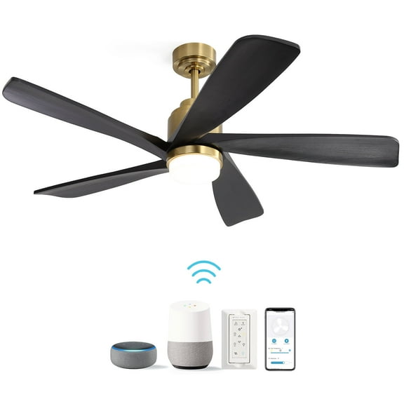 POPFAN 52 Inch Modern Ceiling Fan With Dimmable LED Light 5 Solid Wood Blades Smart Remote Control Reversible DC Motor for Bedroom, Living Room, Gold & Black