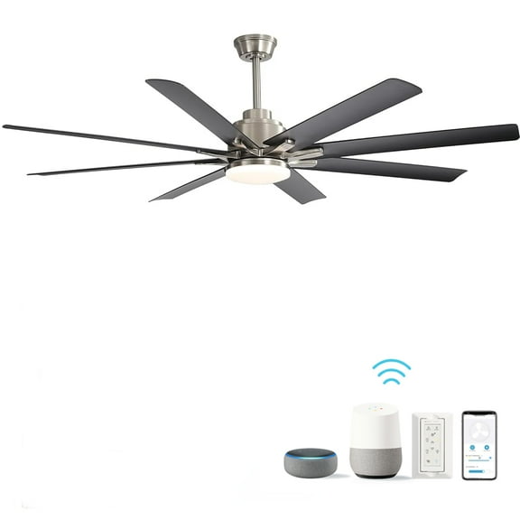 POPFAN 66 Inch ABS Ceiling Fan with Dimmable Light and Smart Remote Control 6 Speed Reversible Noiseless DC Motor for Indoor, Brushed Nickel & Black