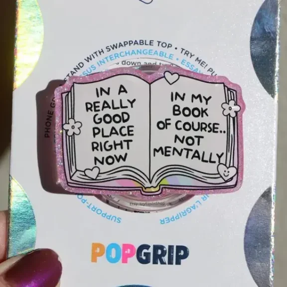 POPGRIP Mental Health Book Grip Glittery Resin Reader Phone Grip - Compact Durable Magnetic Stand for Smartphone with Adorable Design & MagSafe Compatibility
