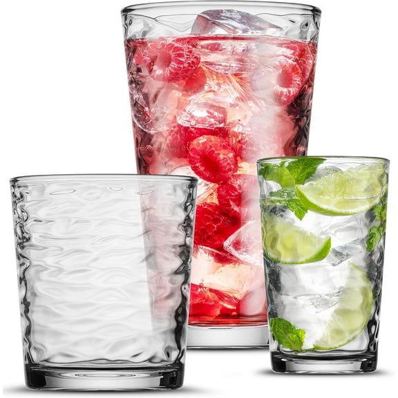 POPLASS Biscayne 18-Piece Family Drinking Glasses Set - Drinking Glassware Set with Highball Cooler, DOF (Double Old Fashioned), and Juice Glasses - 6 Each
