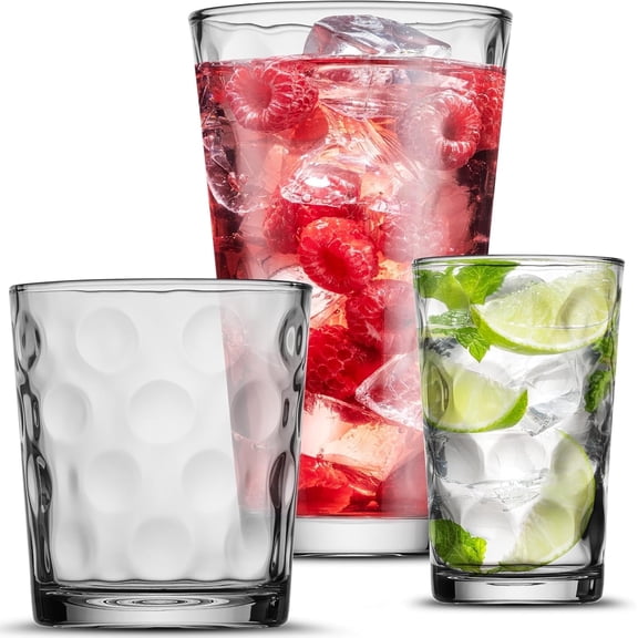 POPLASS Melrose 18-Piece Family Drinking Glasses Set - Drinking Glassware Set with Highball Cooler, DOF (Double Old Fashioned), and Juice Glasses - 6 Each