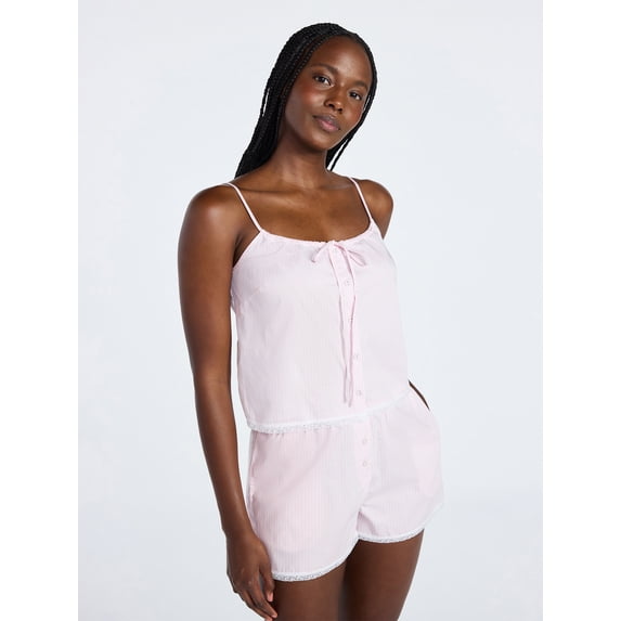 Joyspun Women's Poplin Cami and Shorts Sleep Set with Lace Trim, 2-Piece, Sizes XS-3X