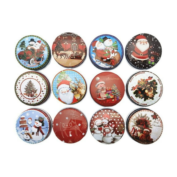 POPLIS Christmas Tinplate Candy Boxes 12 Mini Round Gift Wrapping Box Metal Jars for Xmas Party Chocolate Cookies Storage Can Kid Gift for Case