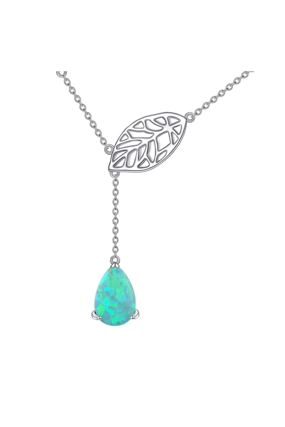 Leaf Y Necklace Sterling Silver Natural Green Opal Teardrop Pendant Jewelry Y necklac for Women C113