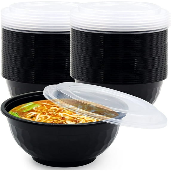POPMISOLER 150 Pcs Stackable Meal Prep Bowl Containers,36 OZ Food Takeout Bowls Reusable,Black Disposable With Lids,Microwavable Dishwasher Safe Leak Resistant for Noodle Soup,Salads&Ramen Bow (36oz)