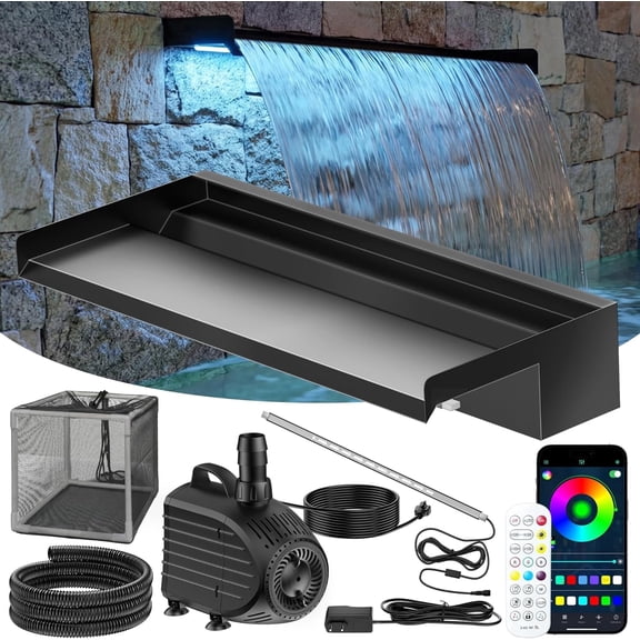 POPOSOAP 24-Inch Smart Stainless Steel Pond Waterfall Kit with APP Control LED Lights, 1200GPH Pump and 9.8ft Tubing, Complete Waterfall Spillway System