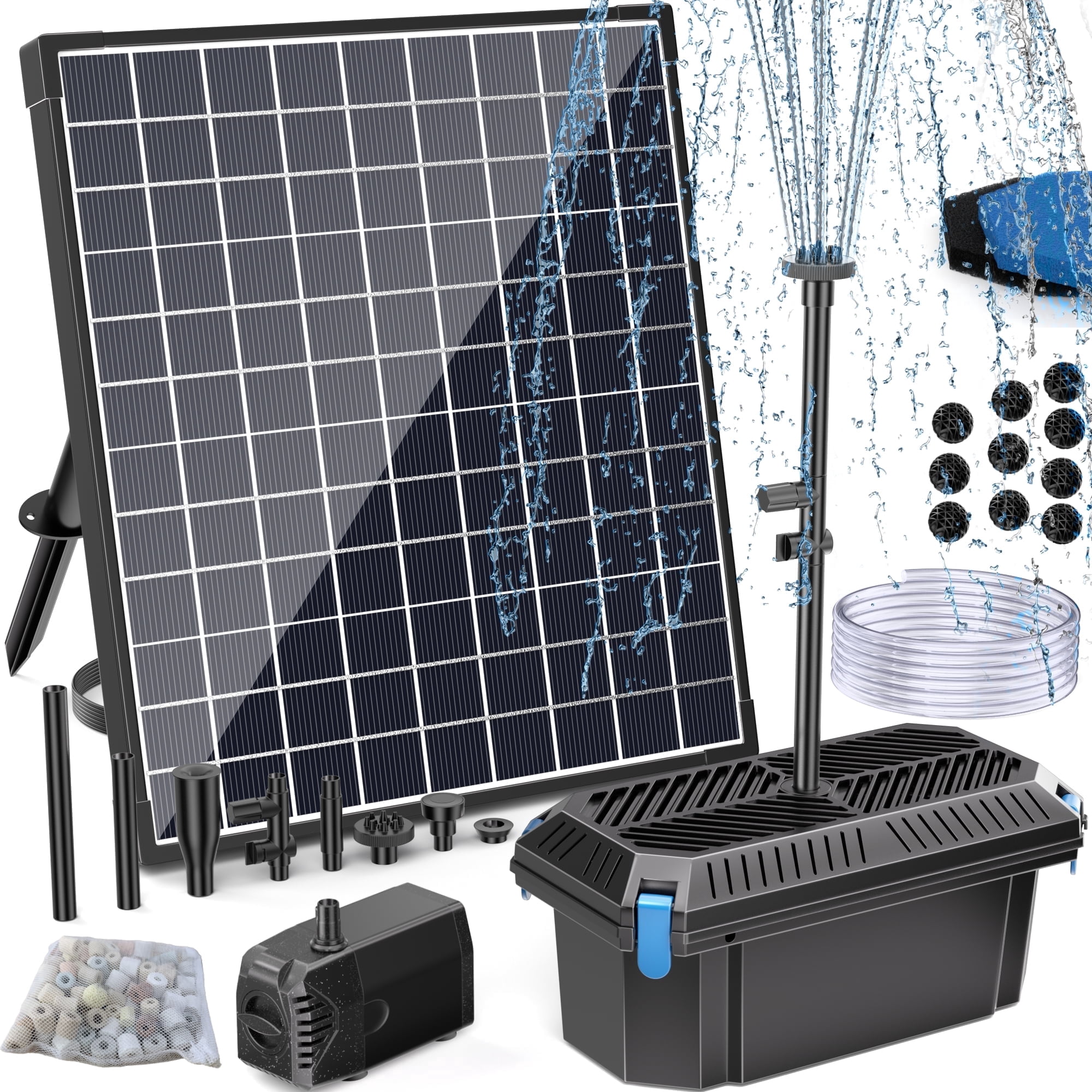 POPOSOAP 25W Solar Water Pump and Pond Filter System, Solar Powered Fountain Pump with Filter Box, 160GPH, for Outdoor Fish Ponds, Waterfalls and Gardens