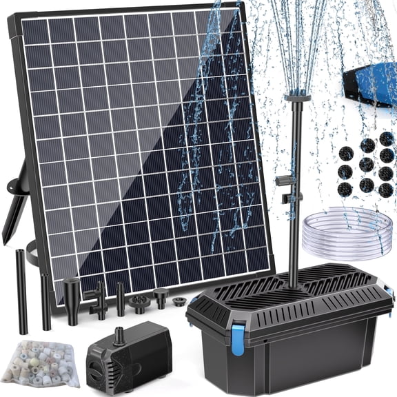 POPOSOAP 25W Solar Water Pump and Pond Filter System, Solar Powered Fountain Pump with Filter Box, 160GPH, for Outdoor Fish Ponds, Waterfalls and Gardens