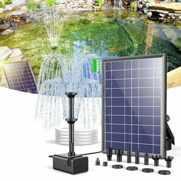 POPOSOAP 7.5W Solar Water Pump Kit with 3600mAh Battery and 5ft Tubing for Bird BathsDry-Run Protection for Ponds and Gardens