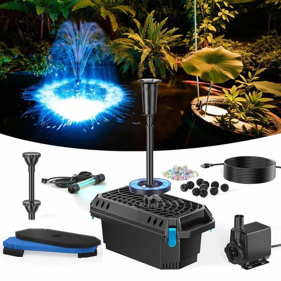 POPOSOAP 660GPH All-in-One Pond Pump and Filter Fountain Kit with UV Clarifier and RGB LED Lights for Ponds up to 1300 Gallons