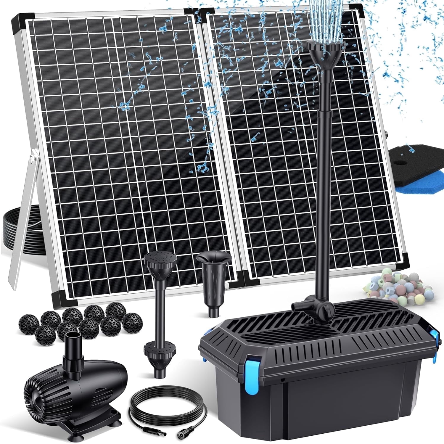 POPOSOAP 70W Solar Pond Filter with 680GPH Fountain Pump, Powerful Solar Powered Filter Kit with Bio-Media for Outdoor Koi Ponds and Waterfalls