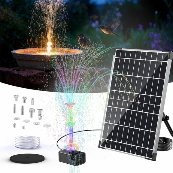 POPOSOAP 12W Solar Fountain Pump with 3200mAh Battery Backup & LED Lights, Solar Water Fountain Kit with 8 Nozzles & PVC Tubing for Bird Bath, Pond, Fish Tank, Backyard Decor