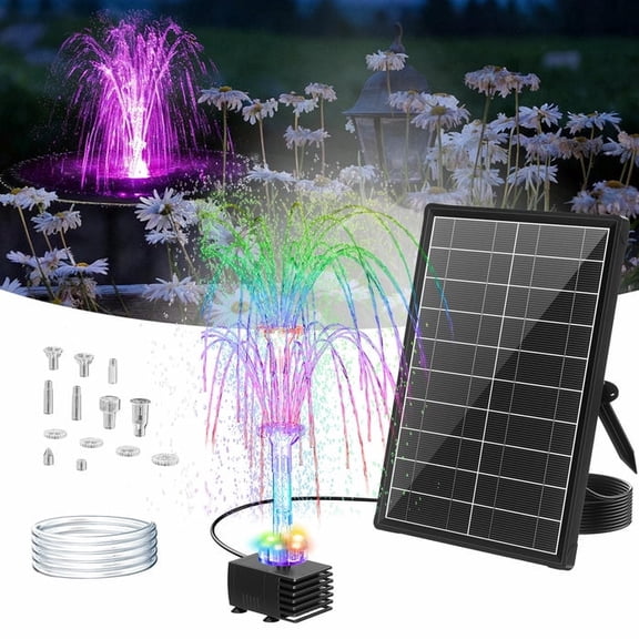 POPOSOAP 8W Solar Fountain Pump with 3200mAh Battery Backup and LED Lights, DIY Solar Powered Water Pump with 8 Nozzles for Bird Baths and Ponds