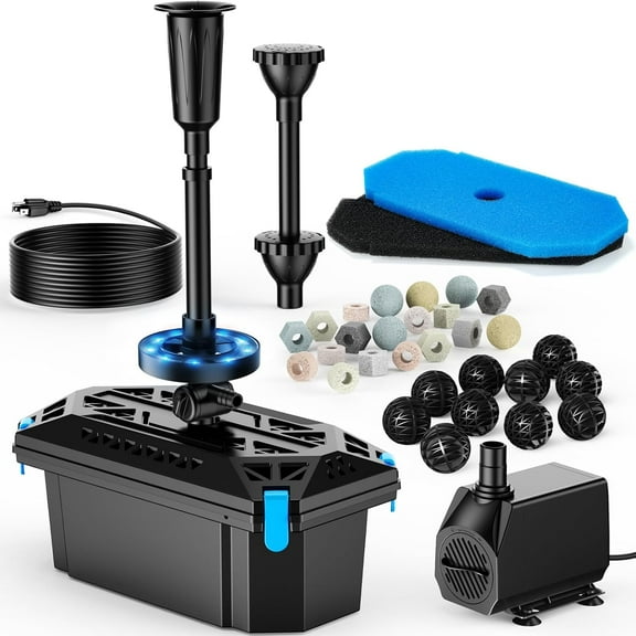 POPOSOAP 660GPH All-in-One Pond Filter and Pump Kit with RGB Auto-Cycle LED Lights, 40W Submersible Water Pump with Fountain Heads for Clean & Clear Outdoor Koi Ponds