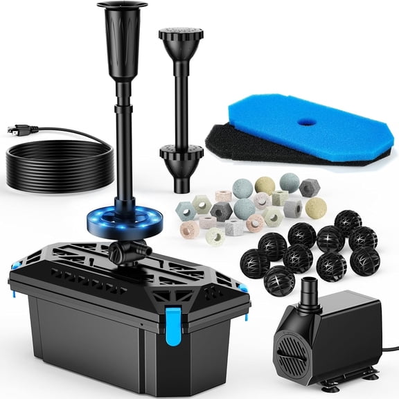 POPOSOAP 660GPH All-in-One Pond Filter and Pump Kit with RGB Auto-Cycle LED Lights, 40W Submersible Water Pump with Fountain Heads for Clean & Clear Outdoor Koi Ponds