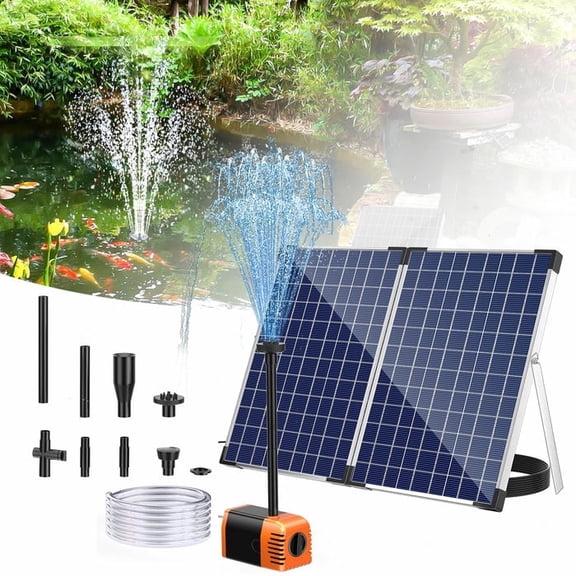 POPOSOAP 35W 480GPH Solar Powered Water Pump with PVC Tubing & 4 Spray Heads for Garden Ponds