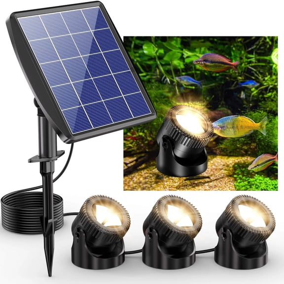 POPOSOAP Solar Pond Lights, 3-in-1 Warm White Underwater Pond Lights, IP68 Waterproof LED Landscape Spotlights for for Pond, Garden, Patio, Fountain, Pool, Waterfall Decoration(3 Head Lamp)-P63H
