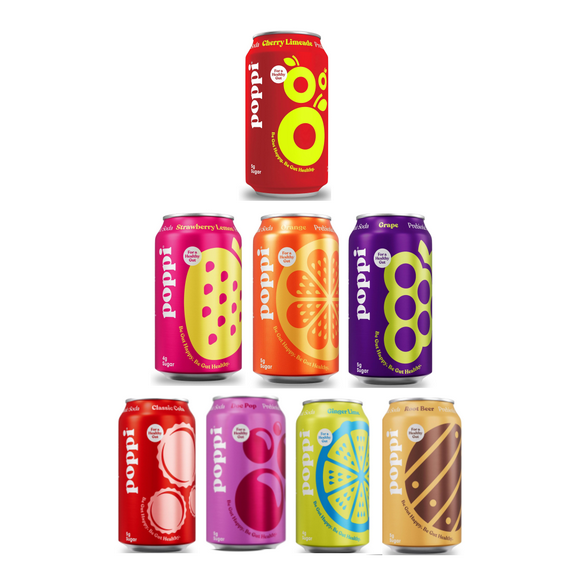 POPPI Sparkling Prebiotic Soda Beverages Variety of Flavors with Low Calorie & Low Sugar 12oz (Grape, Orange, Root Beer, Ginger Lime, Classic Cola, Cherry Limeade, Doc Pop, Strawberry Lemon) Pack of 8