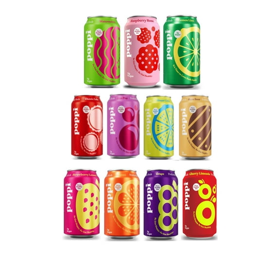 POPPI Sparkling Prebiotic Soda, Beverages Variety of Flavors with, Low Calorie & Low Sugar Drinks 12oz (Grape, Orange, Root Beer, Ginger Lime, Classic Cola, Cherry Limeade, Doc Pop, Strawberry Lemon,