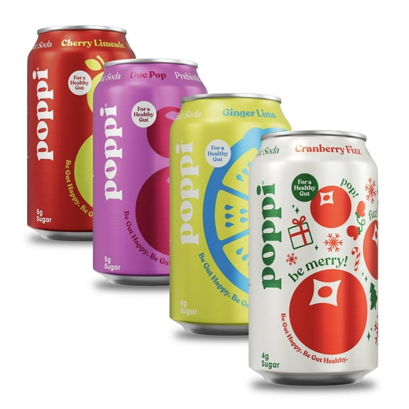 POPPI Sparkling Prebiotic Soda, Beverages w/Apple Cider Vinegar, Seltzer Water & Fruit Juice, Holiday Variety Pack, 12oz (12 Pack)