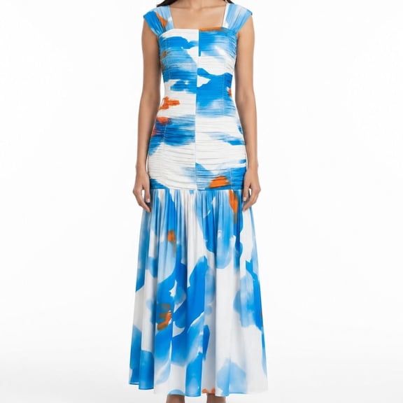 POPPI Women's Skyla Floral Print Maxi Pleated Dress, Smocked Back, Size S