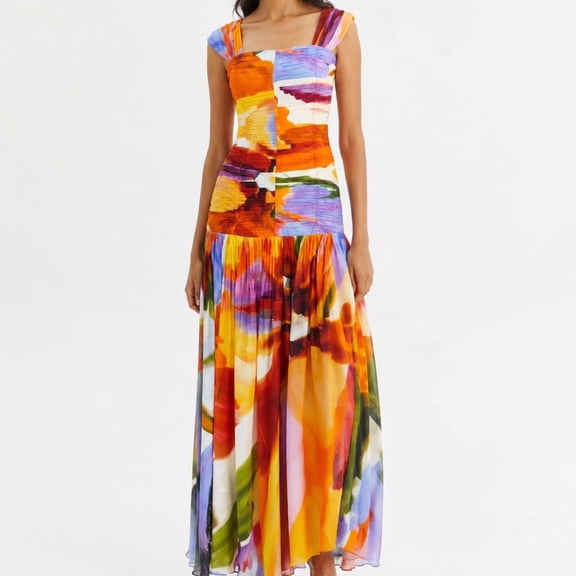 POPPI Women's Tropica Tropical Print Pleated Maxi Dress, Smocked Back, Size S