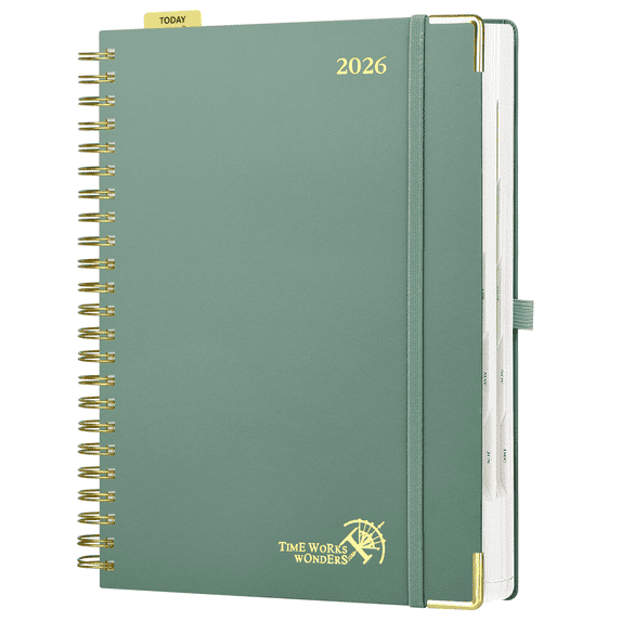 POPRUN 2026 Daily Planner (Jan.26-Dec.26), 8.5" x 12" Wire-Bound Hard Cover, One Page A Day Agenda 2026 Hourly Appointment Book with Inner Pocket, 100GSM Ivory Paper - Midnight Green