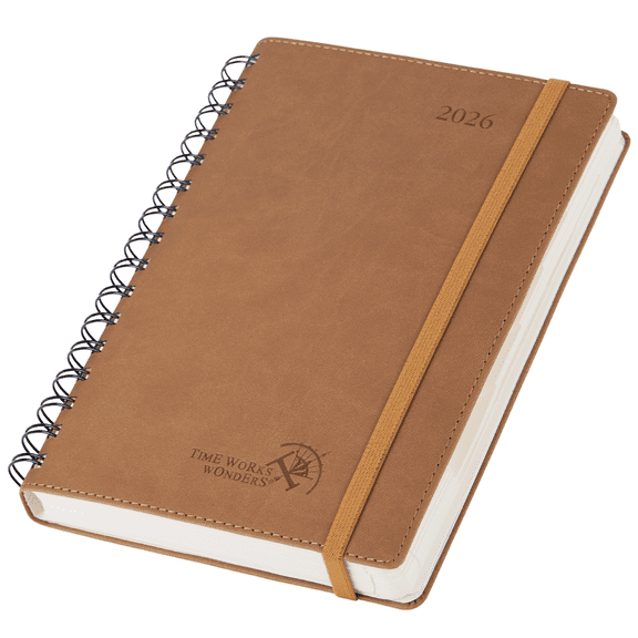 POPRUN 2026 Daily Planner One Page per Day, A5-6" x 8.5", Spiral Bound, 2026 Daily Calendar Hourly Appointment Book with Storage Pocket, Pen Holder, Leather Softcover - Brown