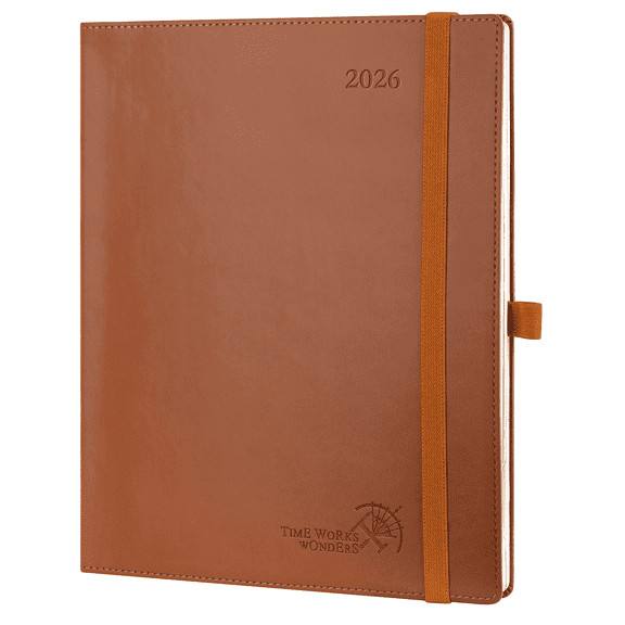 POPRUN 2026 Planner, Large - 8.5" x 10.5", 2026 Weekly Calendar (Jan. 2026 - Dec. 2026) with Hourly Time Slots, Weekly Appointment Book for Time Management, Leather Soft Cover - Brown
