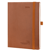 POPRUN 2026 Planner, Medium - 6.5" x 8.5", 2026 Weekly Calendar with Hourly Time Slots, Weekly Appointment Book for Time Management, Monthly Tabs, Pen Holder, Leather Soft Cover - Brown