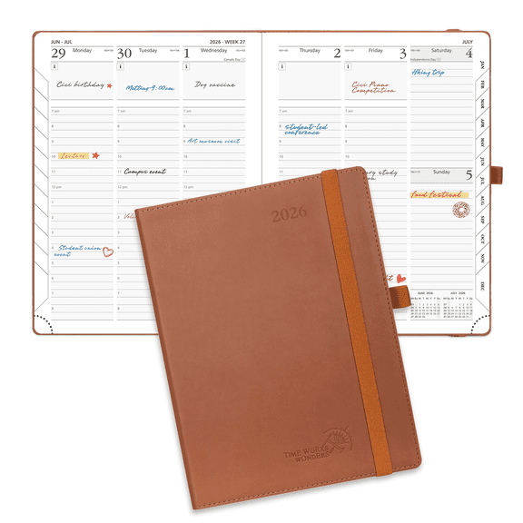 POPRUN 2026 Planner, Medium - 6.5" x 8.5", 2026 Weekly Calendar with Hourly Time Slots, Weekly Appointment Book for Time Management, Monthly Tabs, Pen Holder, Leather Soft Cover - Brown