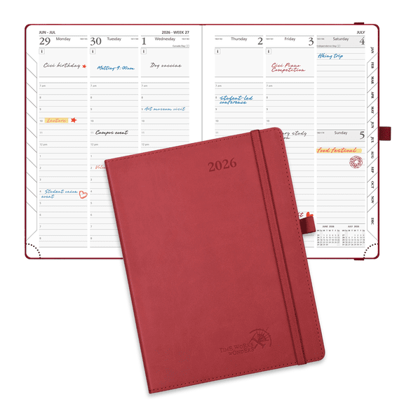 POPRUN 2026 Planner, Medium - 6.5" x 8.5", 2026 Weekly Calendar with Hourly Time Slots, Weekly Appointment Book for Time Management, Monthly Tabs, Pen Holder, Leather Soft Cover - Brown