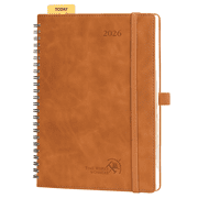 POPRUN 2026 Planner Weekly Notebook (Jan.26-Dec.26), Medium Size 8.5''x 6.5'' - Agenda 2026 Calendar Book with Monthly Tabs, Inner Pocket, Spiral Soft Cover, 100 GSM - Brown