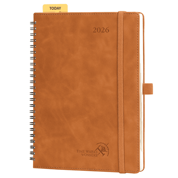 POPRUN 2026 Planner Weekly Notebook (Jan.26-Dec.26), Medium Size 8.5''x 6.5'' - Agenda 2026 Calendar Book with Monthly Tabs, Inner Pocket, Spiral Soft Cover, 100 GSM - Brown