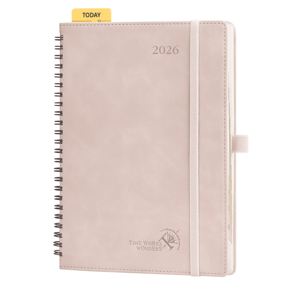 POPRUN 2026 Planner Weekly Notebook (Jan.26-Dec.26), Medium Size 8.5''x 6.5'' - Agenda 2026 Calendar Book with Monthly Tabs, Inner Pocket, Spiral Soft Cover, 100 GSM - Soft Pink