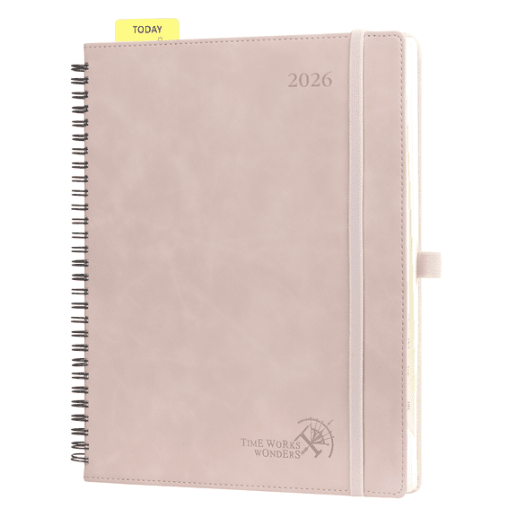 POPRUN 2026 Planner Weekly Notebook Calendar, Large Size 8.5" x 10.5", Agenda 2026 Appointment Book with Monthly Tabs, Spiral Soft Cover, Inner Pocket, 100 GSM - Soft Pink