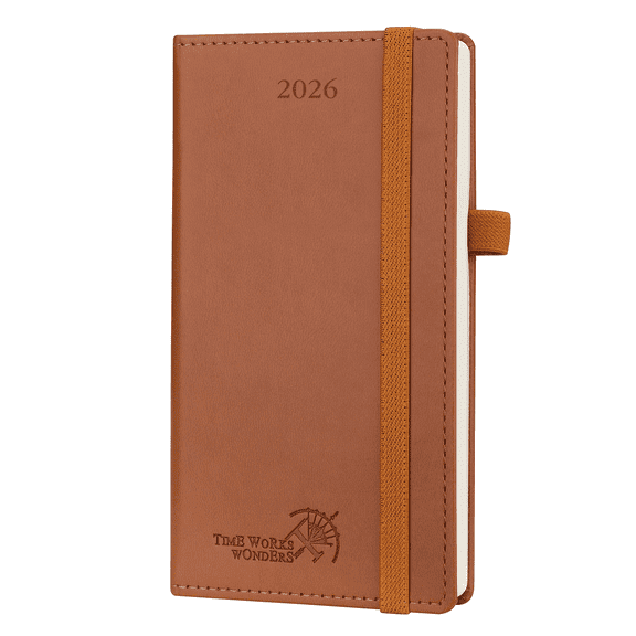 POPRUN 2026 Pocket Calendar for Purse (Jan. 2026-Dec. 2026), Slim Size-3.5'' x 6.5'', 12 Months Small Planner Weekly and Monthly with Pen Holder, Storage Pocket, Vegan Leather Hardcover - Brown