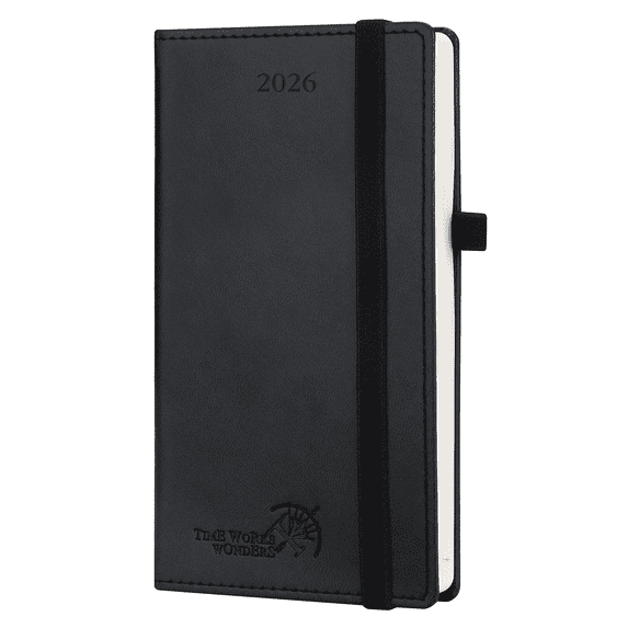 POPRUN 2026 Pocket Calendar for Purse (Jan. 2026-Dec. 2026), Slim Size-3.5'' x 6.5'', 12 Months Small Planner Weekly and Monthly with Pen Holder, Storage Pocket, Vegan Leather Hardcover - Black